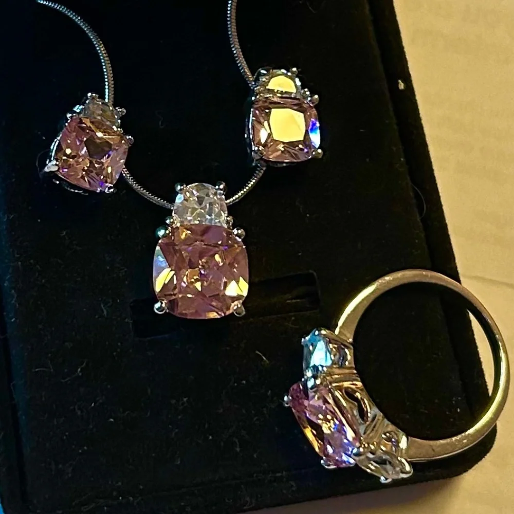 Costume Jewelry Set Silver Tone and Pink Stones - Picture 3 of 10